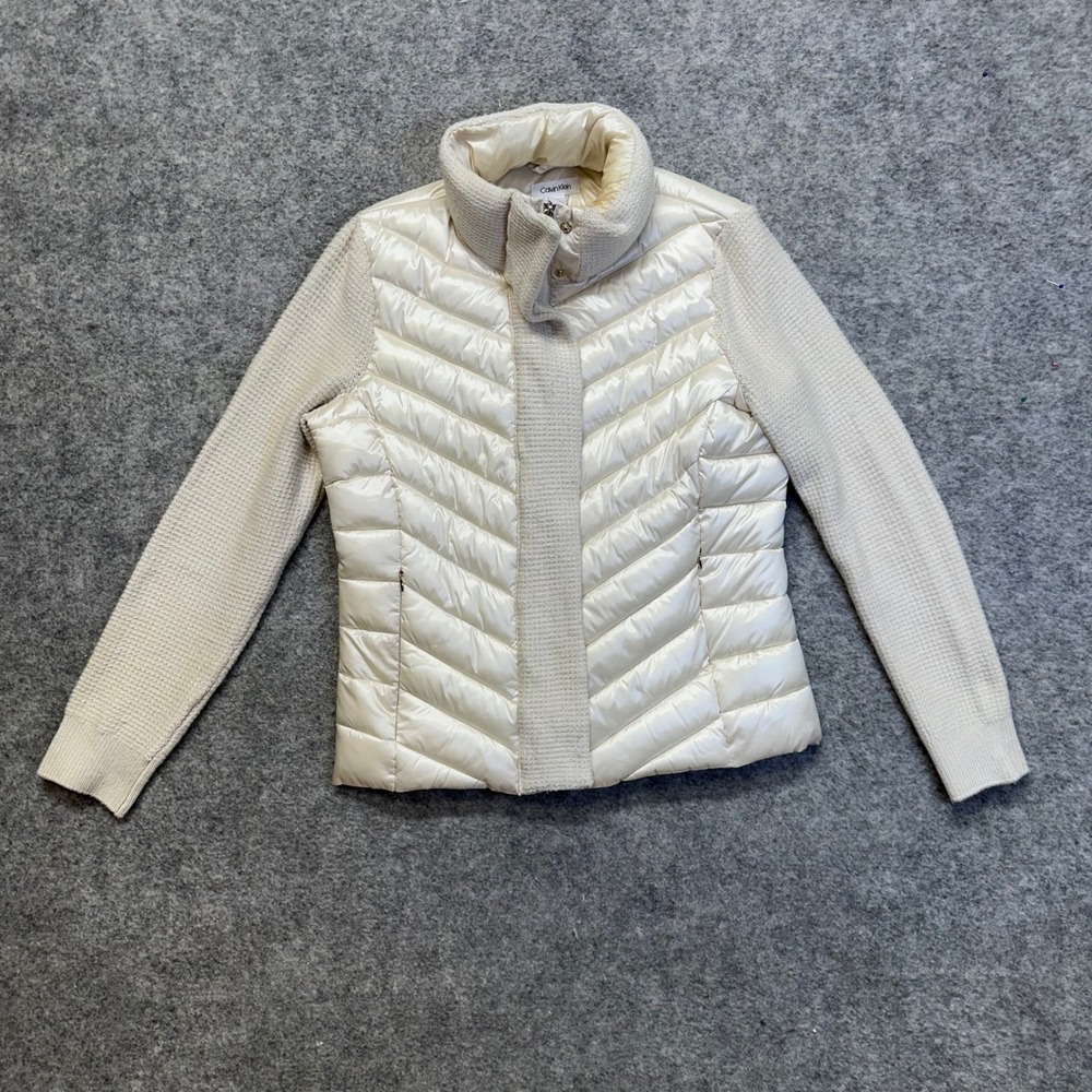 Calvin Klein Puffer Jacket Womens Medium Cream Mixed Media Knit Sleeve M8XJ7497